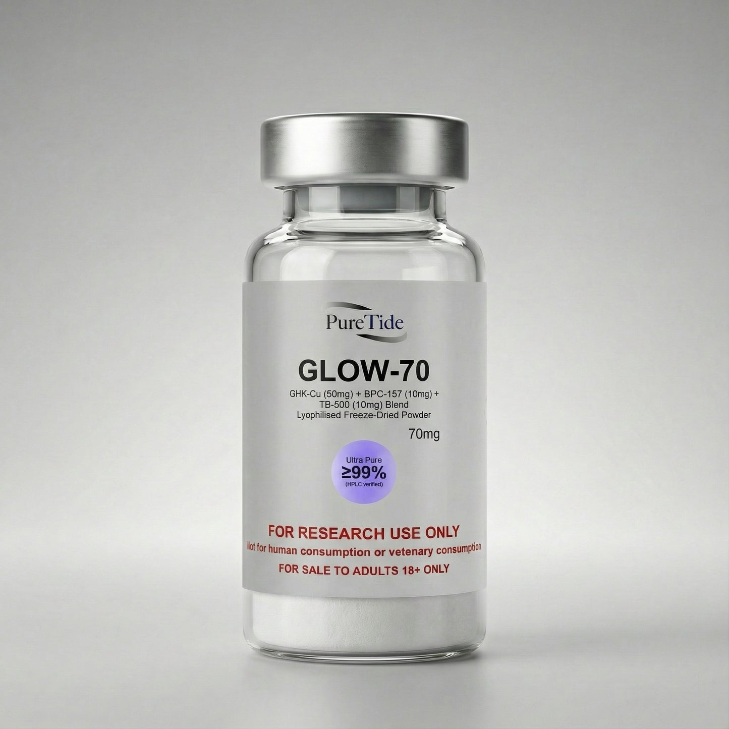 Glow70 vial product shot on studio backdrop
