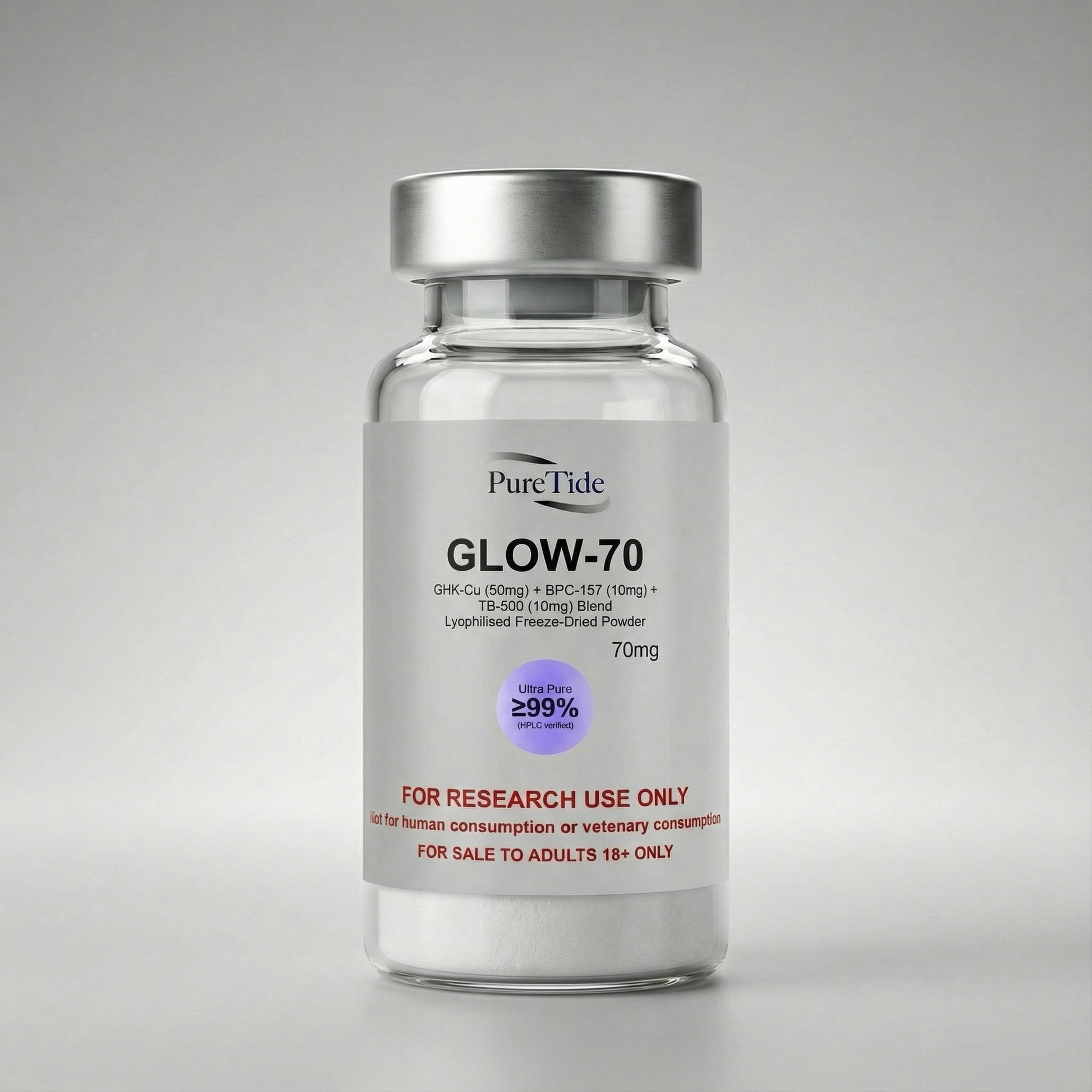 Glow70 vial product shot on studio backdrop