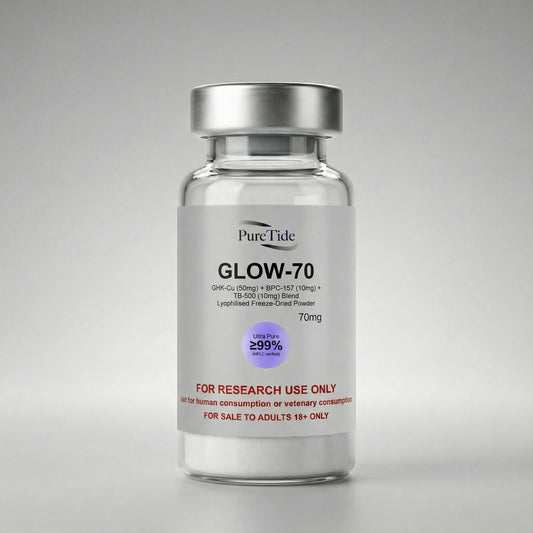 Glow70 vial product shot on studio backdrop